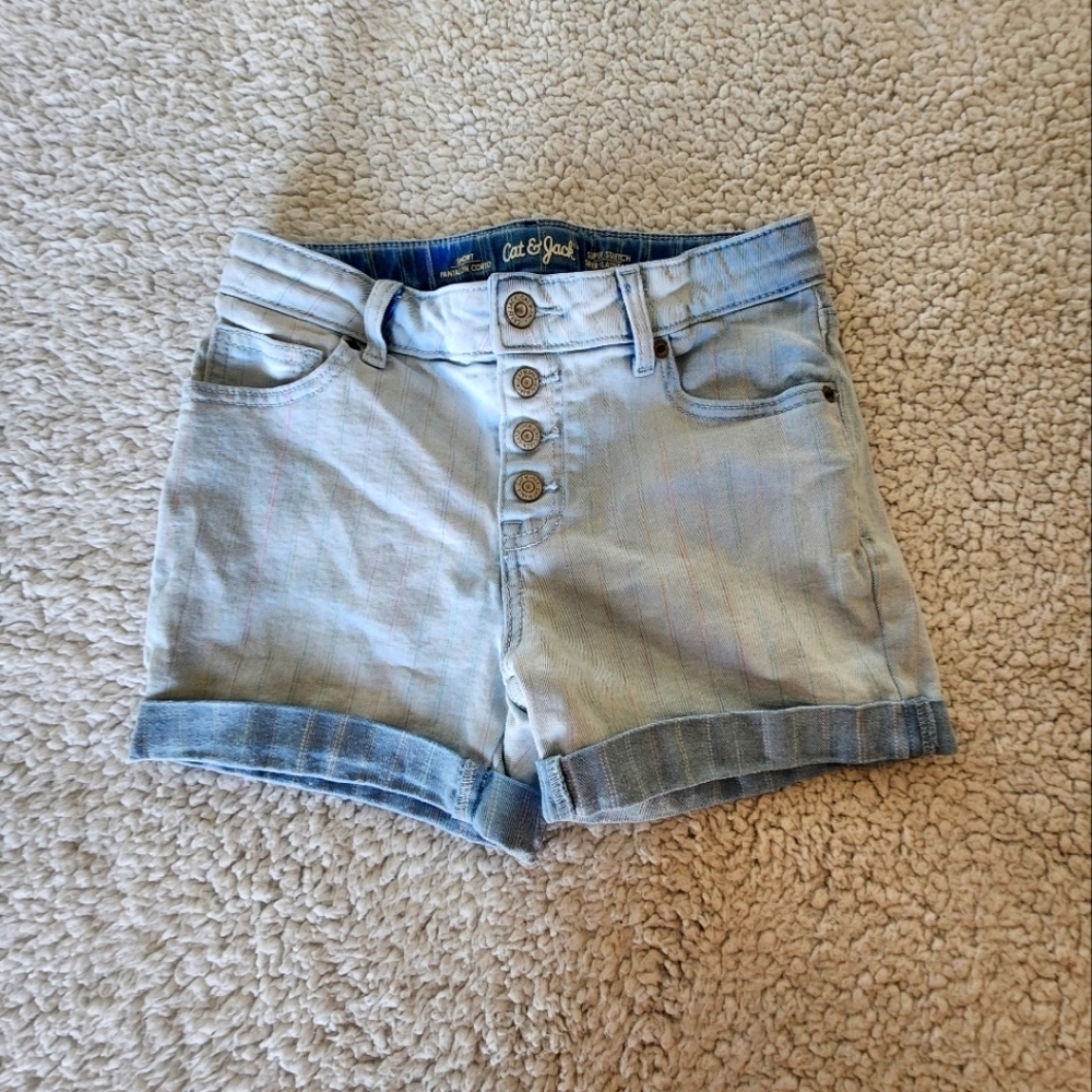Cat & Jack light wash super stretch shorts with stripes size L button/snap fly